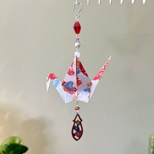 Hand Crafted Ornament #2296 - Large Origami Crane with Repurposed Cloissoné